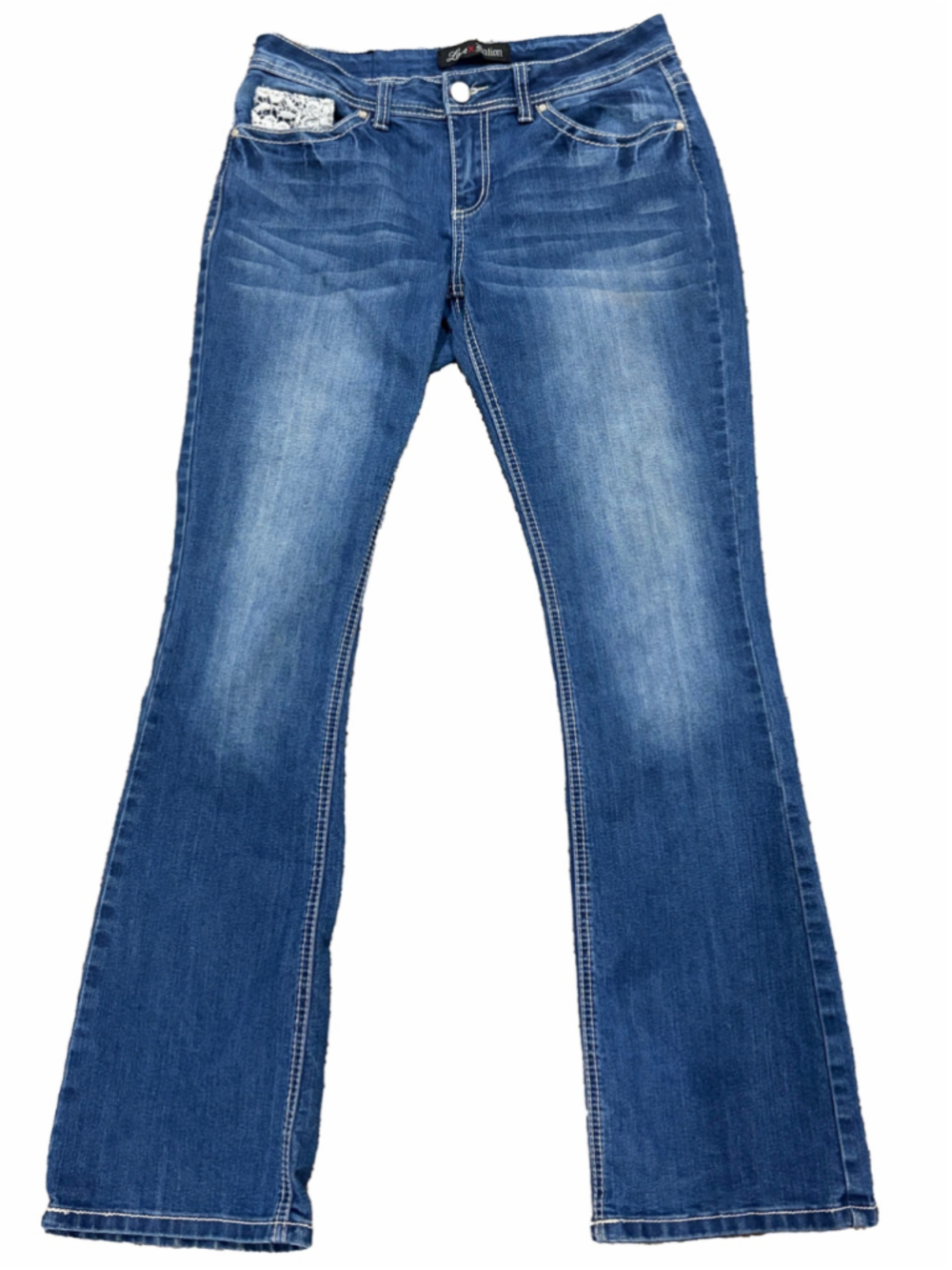 Y2K Love Nation Bootcut Jeans Size 8 Crochet Lace Pocket Detail Dark Wash Denim